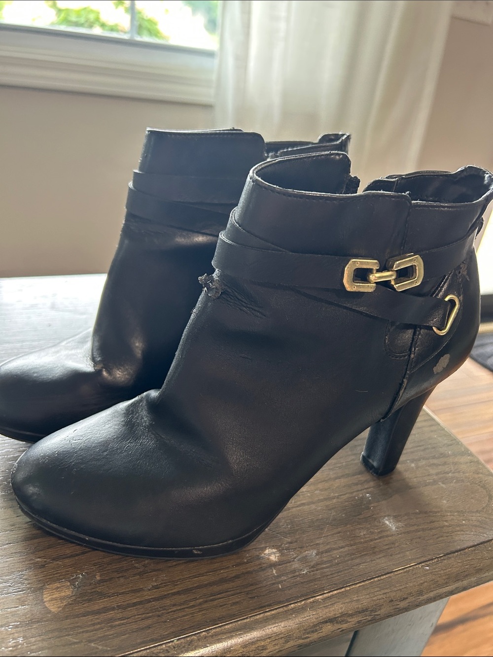 Pesaro Black Leather Heeled Ankle Boots with Gold Buckle